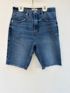 Frame High Rise Long Denim Bermuda Shorts in Del Amo